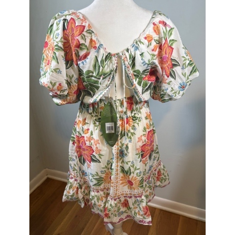 Farm Rio Bloom Garden Mini Dress S Off-White Floral Smocked Puff Sleeve NWT - Picture 6 of 11
